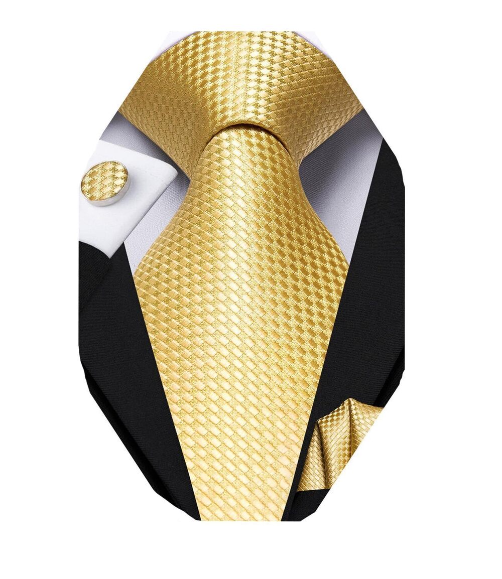 6934 Gold Checks Striped Tie WOVEN Necktie and Handkerchief Cufflinks Set